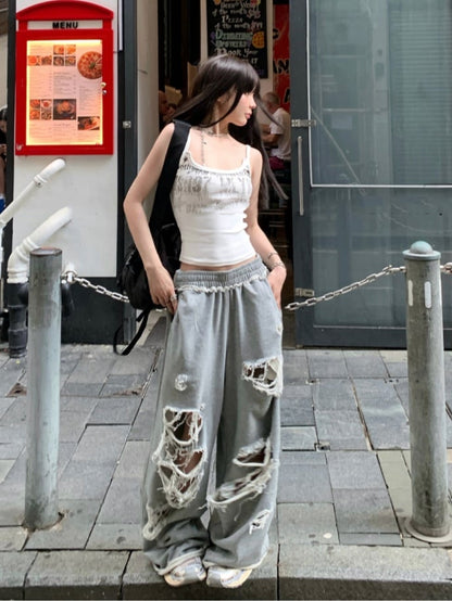 Top/Grau Elastische Taille Distressed Löcher Casual Hosen Cami Weiß Glamouröse Grafik