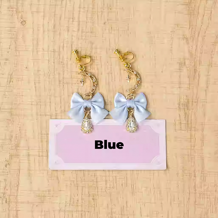 Bow Moon Ear Clips Jirai Kei Pink/Pink/Blue/Black White/Dusty