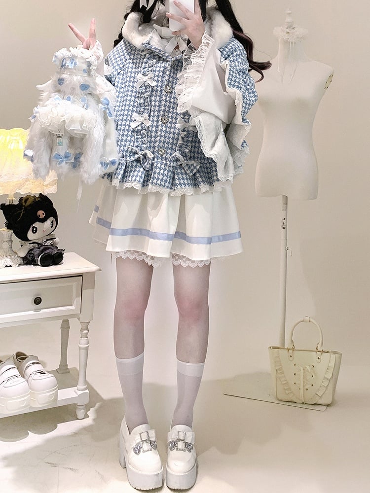Hooded Fleece-Lined Kei Buttons Heart Cape Houndstooth Jirai with
