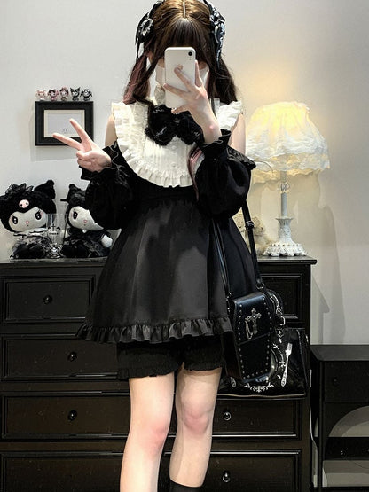 Cutout Jirai Blau/WeißSchwarz/Alle Farben Kei Mit Bluse Schwarz Shorts Schulter Solide