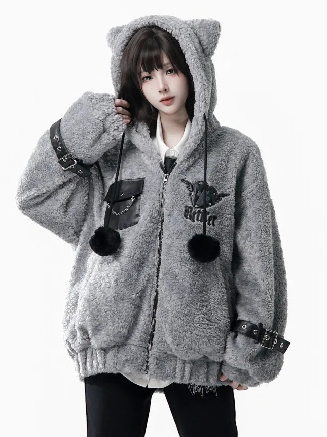 Hooded Pompon Ear Charm Jacket - Grey Plush Kitty