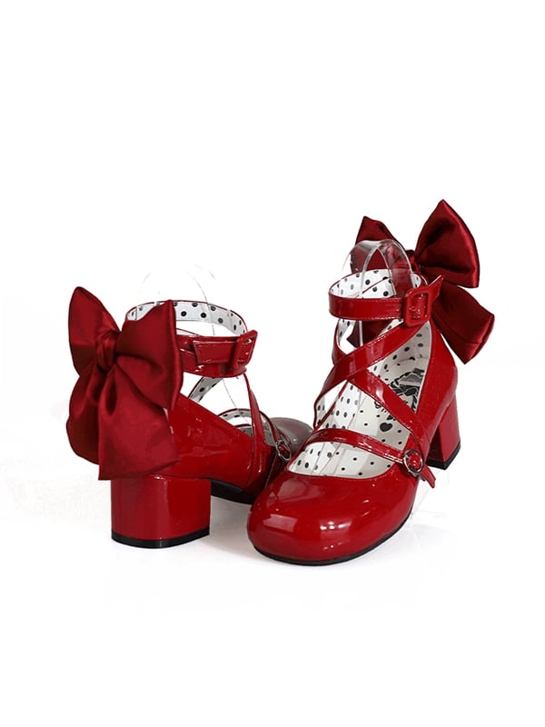 Accent Bow Crisscross Heels Mid Red Design Sweet Toe Round - Lolita