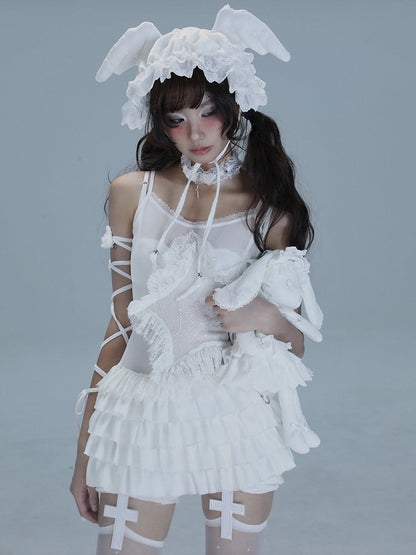 Lace-trimmed with Multi-Layer Ballet-Inspired Hem Cami White Star Top Ruffle Rhinestone