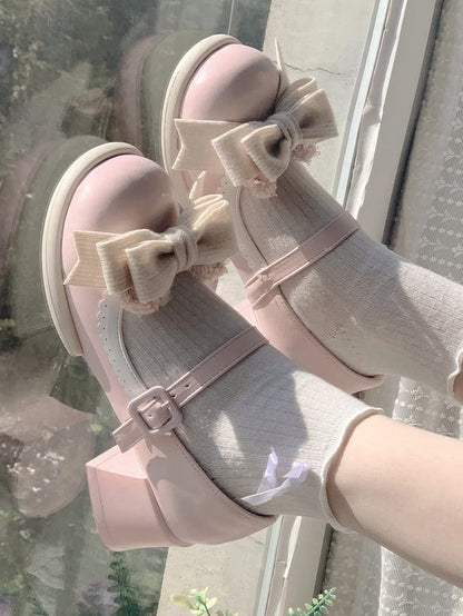 Pink Low/Mid Edge Mary Ear Light Bear Detachable Sweet - Scalloped Heel Bow Janes with Lolita