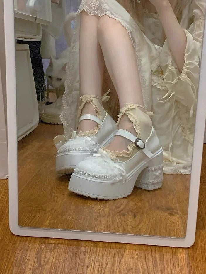 Off-White Lolita Mary Janes - Elegant 9.5cm Block Heel with Bow & Lace