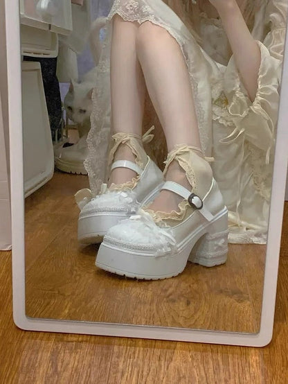 Off-White Lolita Mary Janes - Elegant 9.5cm Block Heel with Bow & Lace
