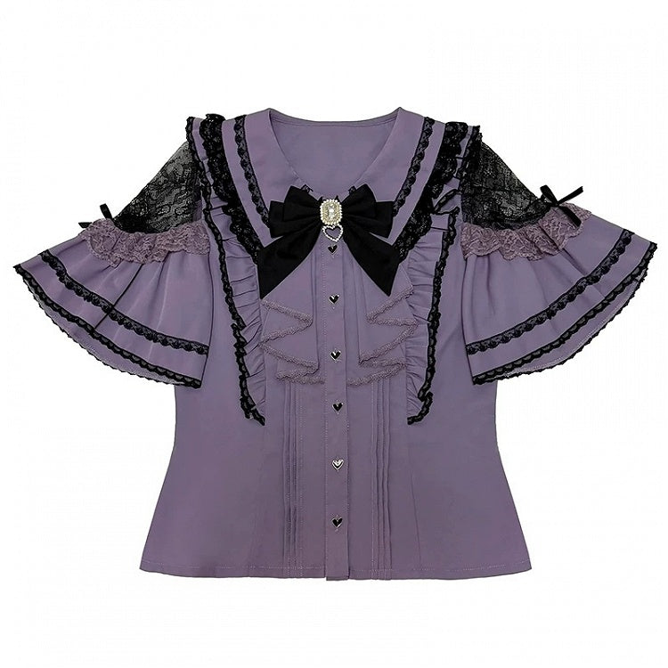 Purple Jirai Kei Cut-Out Shoulder Blouse with Bow Tie - Dream Core Waves