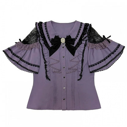 Purple Jirai Kei Cut-Out Shoulder Blouse with Bow Tie - Dream Core Waves
