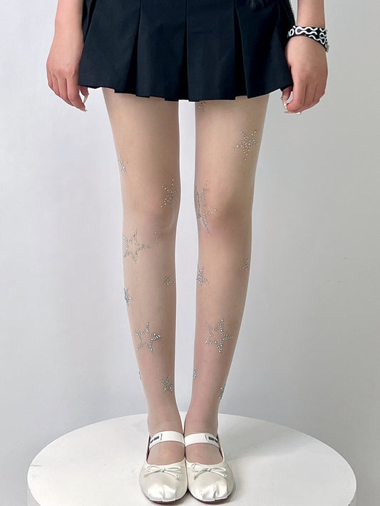 ホワイト Y2K ラインストーン スター装飾タイツ
