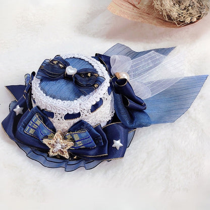 Idol Details Decorated Star Lolita Mini Pink/Purple/Blue Beaded Hat Bowknot And