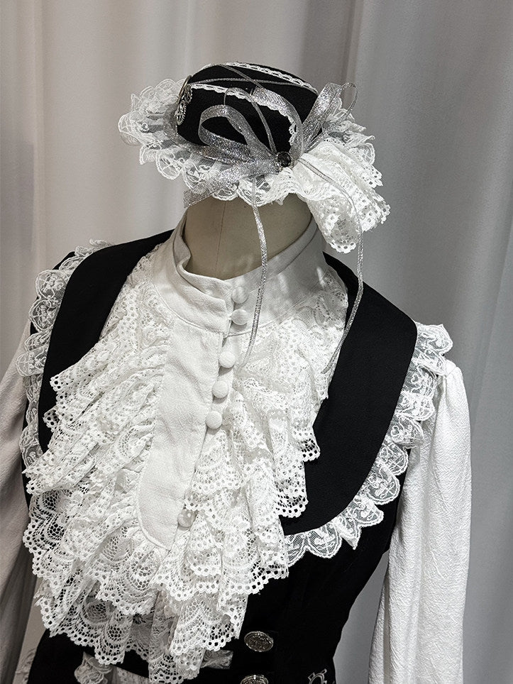 Black White Lace Mini Hat with Silver Bow - Castle Too