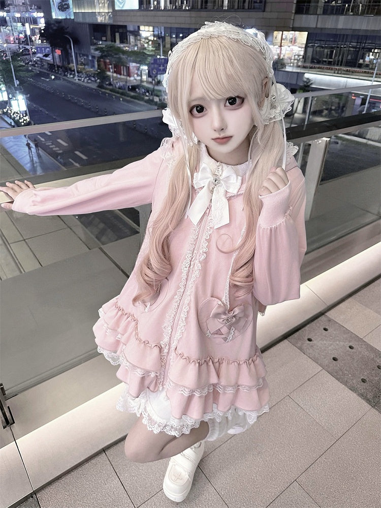 Tiered Pink Sweet | Hoodie Ruffles Kei Dress Heart Pockets Jirai Bunny-Eared