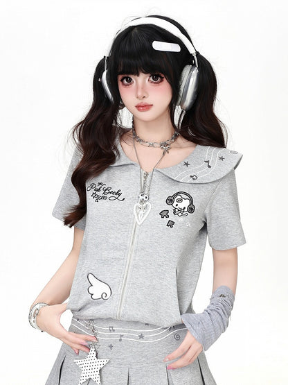 Gray Sailor Collar Zip-Up Tee with Kitty Embroidery - CRAZY GIRL