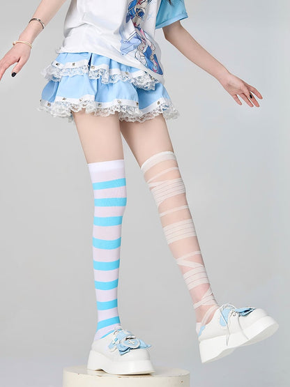 Stockings Over Knee Bandage/Stripe Asymmetric Y2K