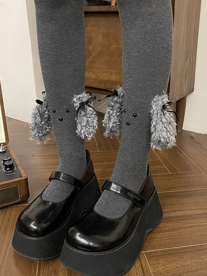 ダークグレーのスイートパピーイヤーリボンタイツ