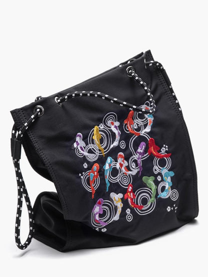 Trendy Koi Black Tote Bag With Zipper Closure And Drawstring Strap Lucky Embroidery