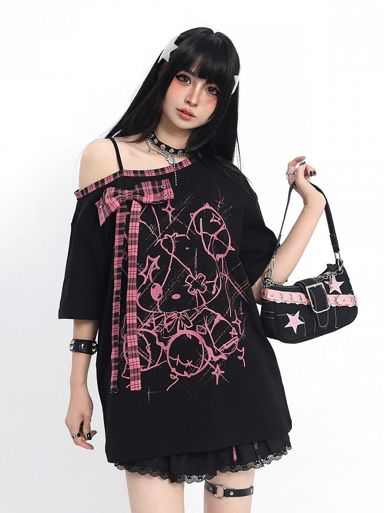 Ebony and Rose Asymmetric Tee with Doll Graphic and Check Bow - Catwish