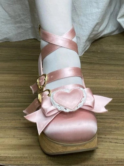 Mary Detachable Platform Lolita Sweet Satin 6.5cm Woodgrain with Sole Bow Pink Janes - Heart