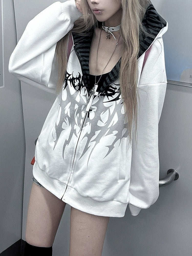 Dark Y2K Hooded White Zip Jacket with Gothic Tattoo Print - Alita26SS