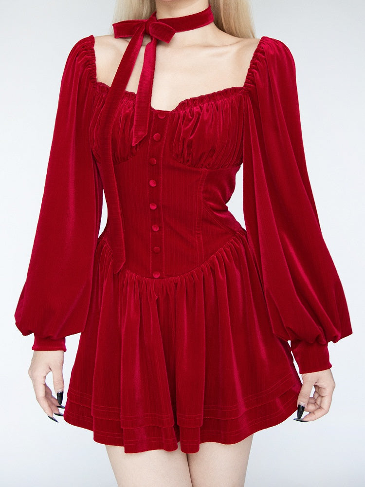 Red Velvet Balloon Sleeves Glamorous Tiered Skirt Mini Dress with Self-tie Scarf