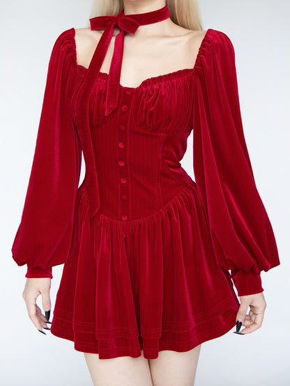 Red Velvet Balloon Sleeves Glamorous Tiered Skirt Mini Dress with Self-tie Scarf