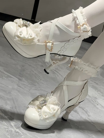 Shoes Off-white Bead - Princess Style Accent High-heel Bow Rhinestone