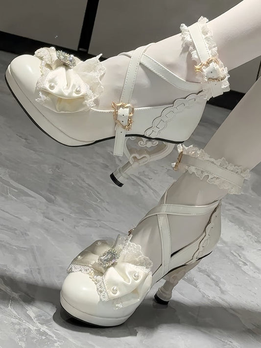 Shoes Off-white Bead - Princess Style Accent High-heel Bow Rhinestone