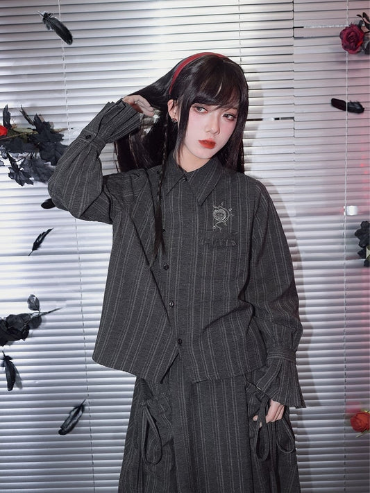 Blouse Stripe Vintage Embroidered Gothic Chinese Gray Placket Diagonal Flare Sleeve