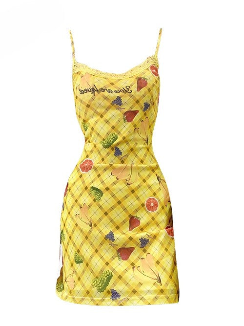 Y2K Muster Plaid Brief Hals + Gelb Obst Neckholder Cami Print Bittersüße Kleid Top Und Rot