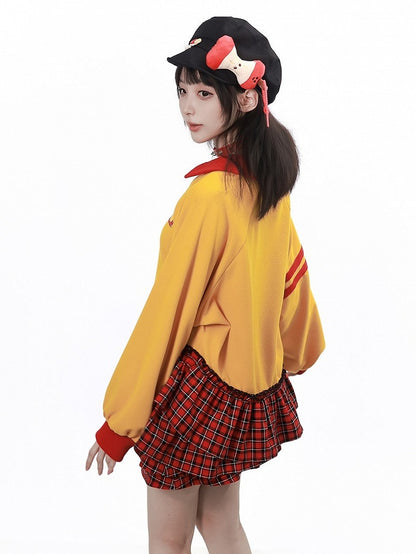 Waffle Knit Yellow and Red Long-Sleeved Top with Asymmetrical Plaid Hem - PINK SAVIOR