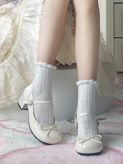 White 5cm Lolita Janes Mary Bow Scalloped Sweet Trim with Mid-heel Accents