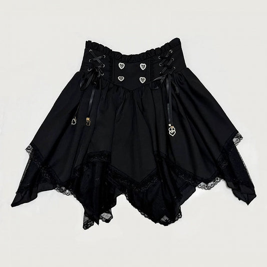 Onyx Jirai Kei High-Rise Skirt with Asymmetrical Hem and Lace Trim - Dream Core Waves