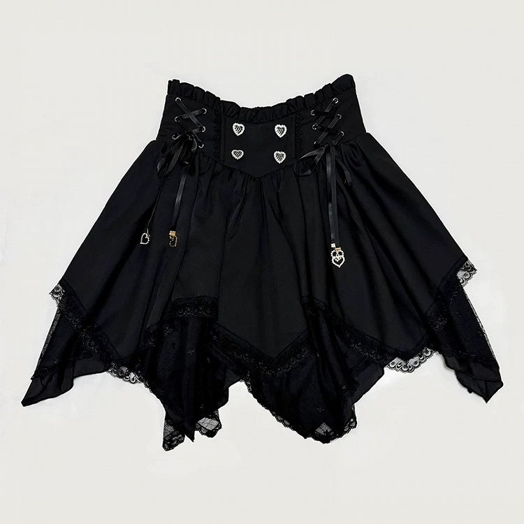 Black High-Waist Asymmetrical Hem Lace Trim Skirt - Dream Core Waves