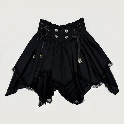 Black High-Waist Asymmetrical Hem Lace Trim Skirt - Dream Core Waves