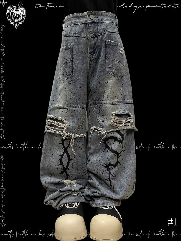 and Jeans with Holes Print Wasteland Blue Distressed Y2K Straight-Leg Graphic