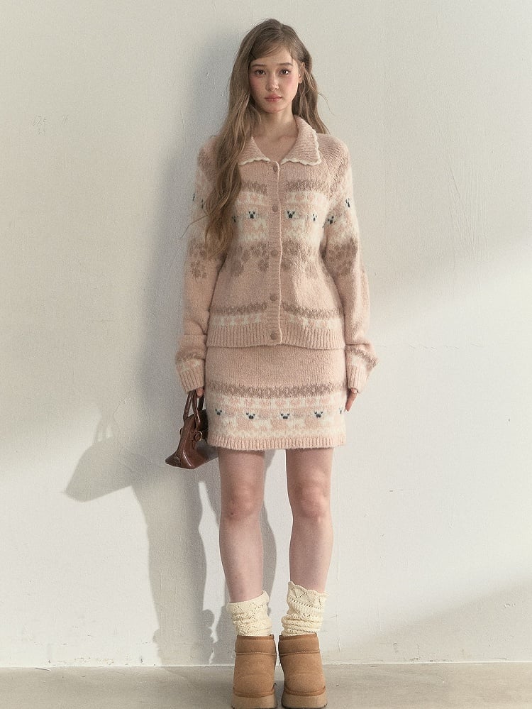 Kawaii Knit Pink Skirt Dog Pattern Style with