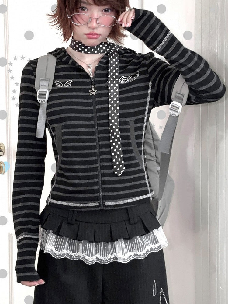 Striped with Gray Jacket Black Accents Rhinestone Star-shaped Zipper Closure Y2K