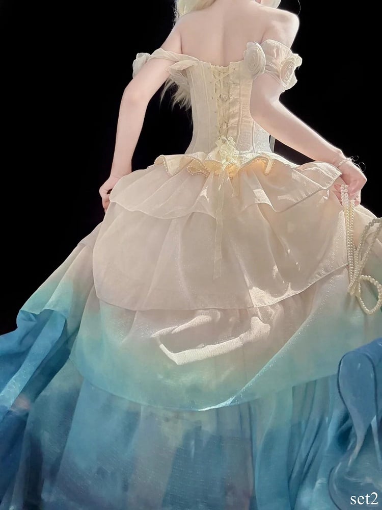 with Gradient Top Beige Floral-Embellished Off-Shoulder Corset Skirt Tiered