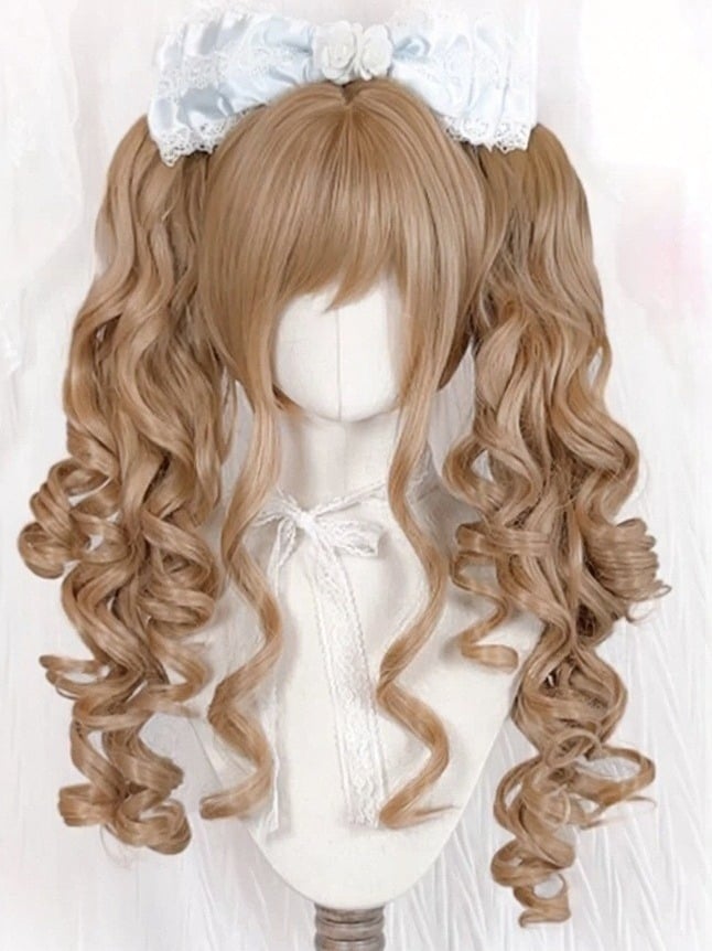 Linen Brown Wig with Bangs and Long Wavy Twin Tails Clip - Meow Island Wig