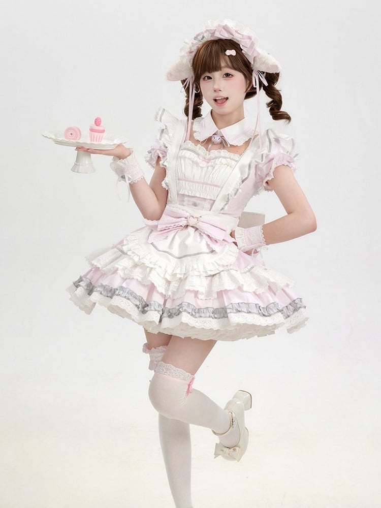 Maid Lolita Dress in Sweet Pink & White, Puff Sleeves, Flounced Skirt & Lace - Mewroco
