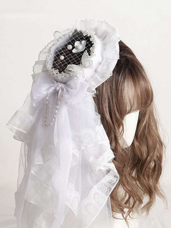 and White/Yellow with Mesh Hat Mini Lolita Bead Chain Veil Layered