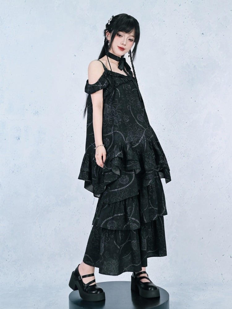Gothic Black Off-Shoulder Cami Sea Lily Ruffle - Quirky Hut