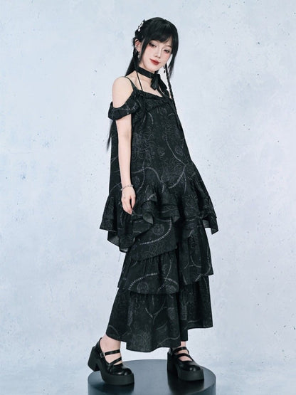 Gothic Black Off-Shoulder Cami Sea Lily Ruffle - Quirky Hut