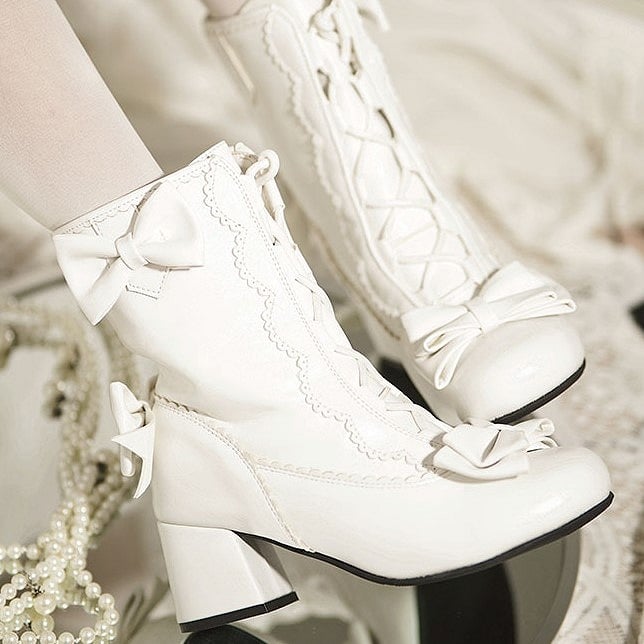 White Sweet Bow with Boots Lacing Adjustable Accents Mid-calf Lolita