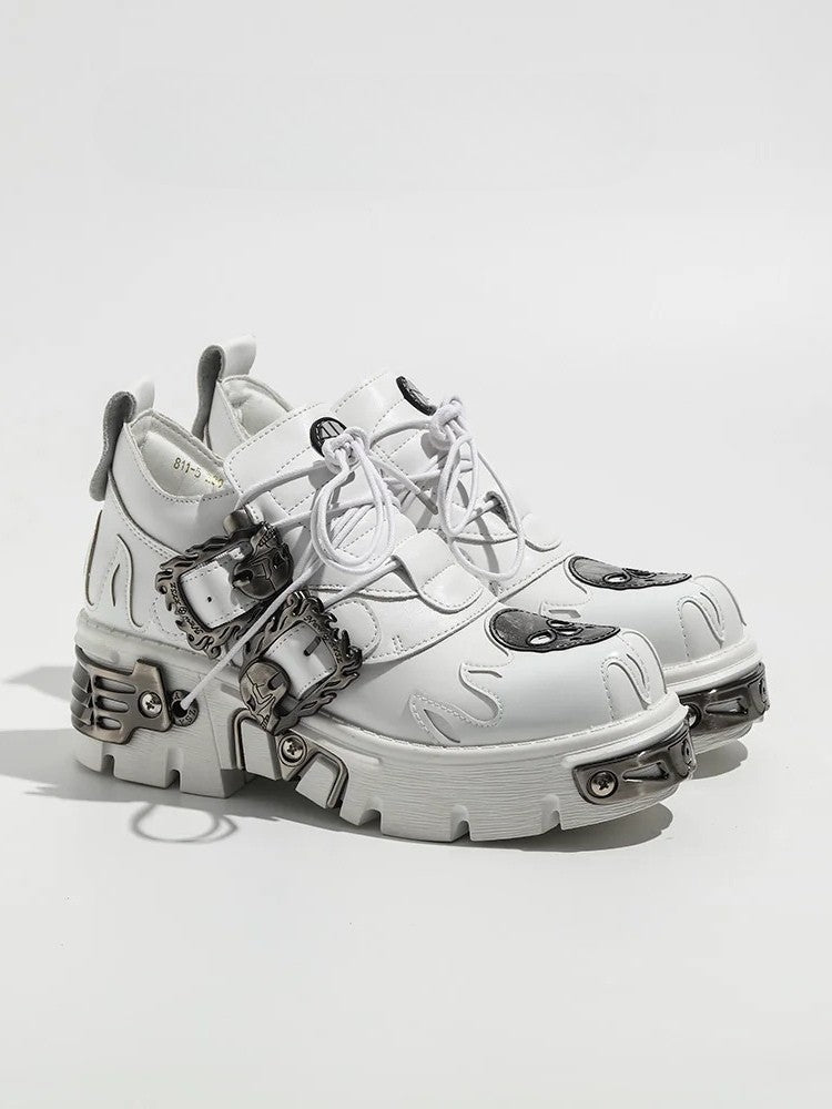 in White - Buckles Detailing Flame Style Skeleton Design Platforms Gothic And