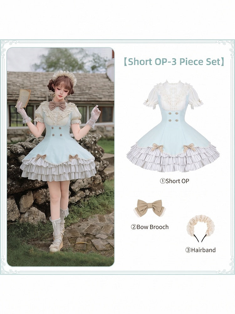 Puff-Sleeve Short Dress in Beige and Blue with Scalloped Hem and Bows - With PUJI