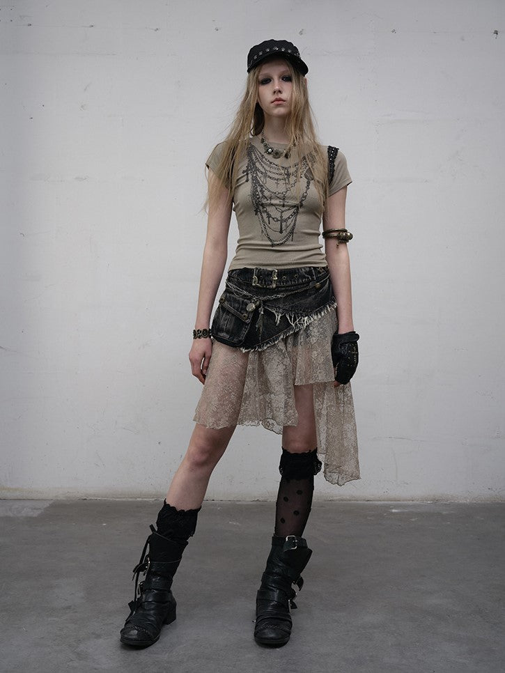 Punk Hem Lace with Denim Asymmetric Distressed Adjustable Back Belt Skirt