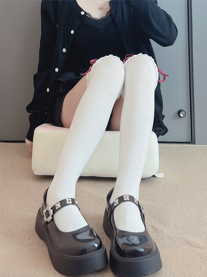 Milk White/Red/Black Bowknot Sweet Lace Trim Overknee Stockings