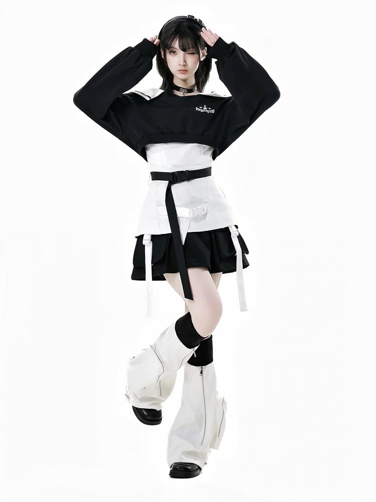Drawstring Handcuffs Black and White Zipper Detail Drawstring Cuffs Techwear Flared Leg ...