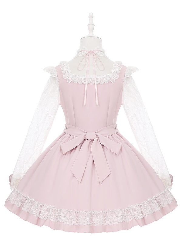 Pink & White Ryousangata Square Neck Long Sleeve Dress with Lace Trim & Bows - Puppet Bombs